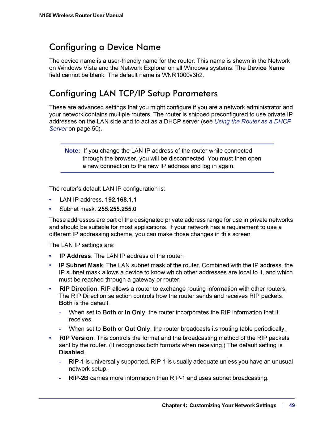 NETGEAR WNR1000v3h2 manual Configuring a Device Name, Configuring LAN TCP/IP Setup Parameters 