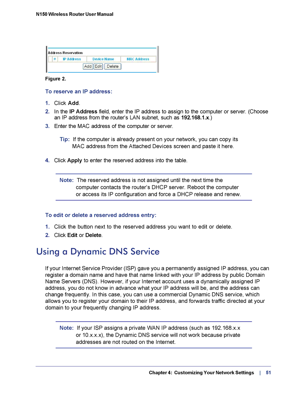 NETGEAR WNR1000v3h2 Using a Dynamic DNS Service, To reserve an IP address, To edit or delete a reserved address entry 