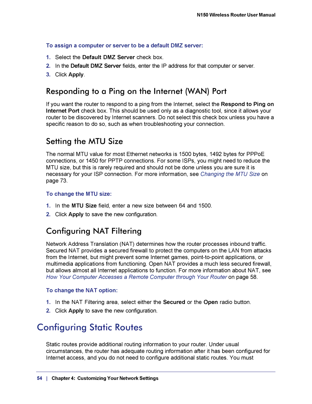 NETGEAR WNR1000v3h2 manual Configuring Static Routes, Responding to a Ping on the Internet WAN Port, Setting the MTU Size 