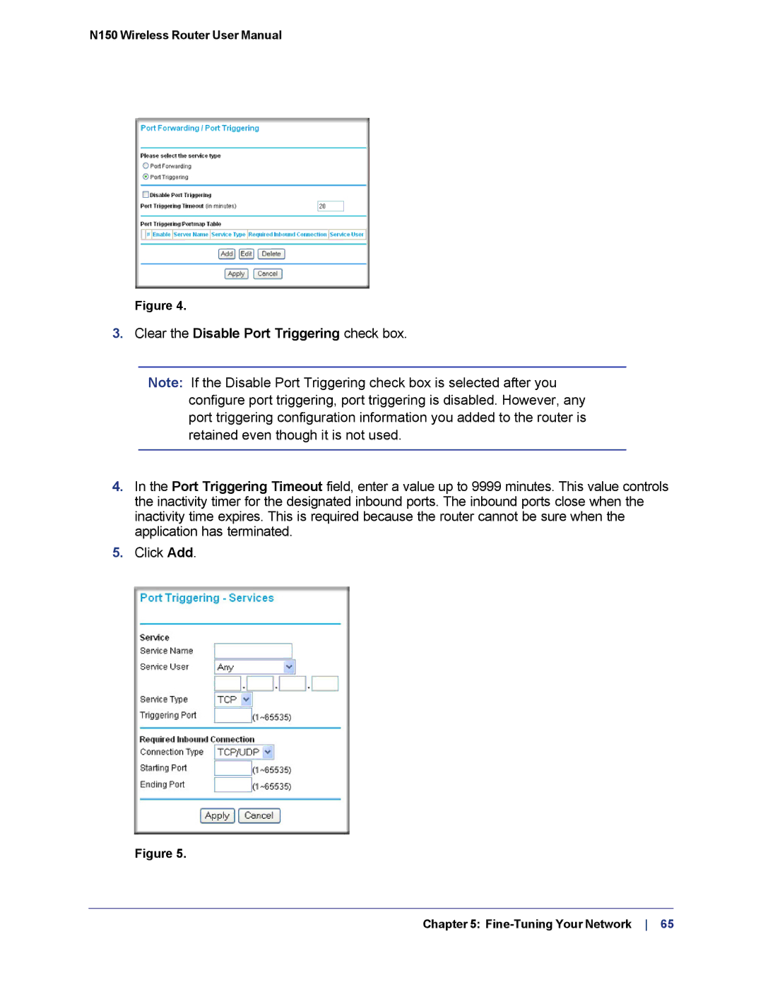 NETGEAR WNR1000v3h2 manual Clear the Disable Port Triggering check box 