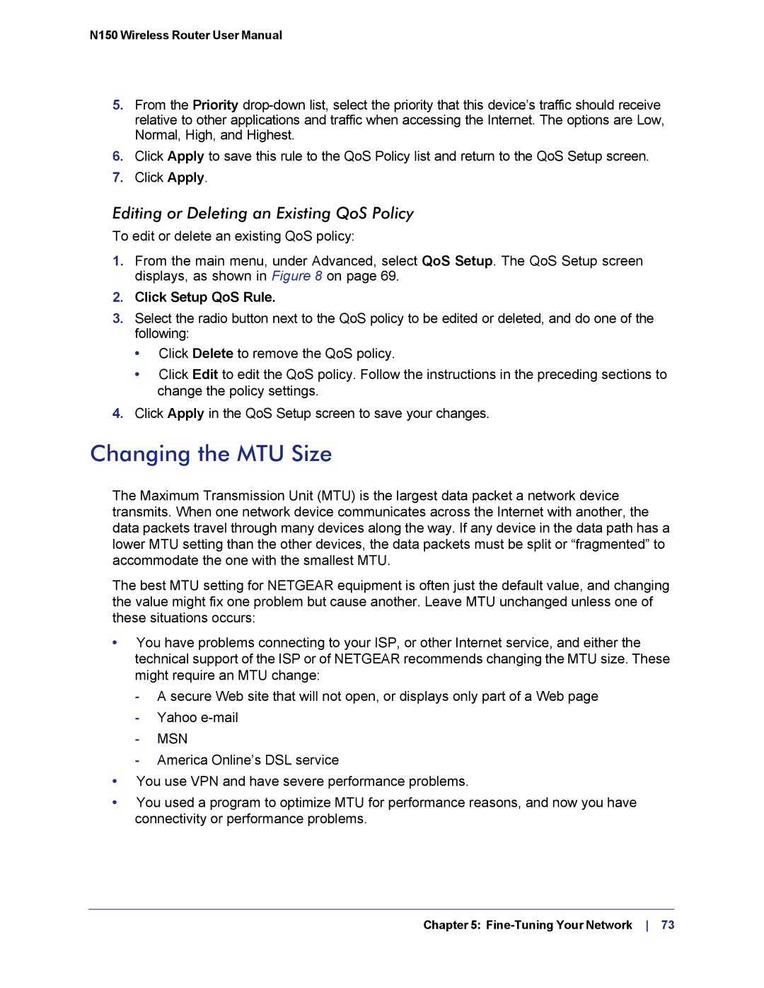 NETGEAR WNR1000v3h2 manual Changing the MTU Size, Editing or Deleting an Existing QoS Policy, Click Setup QoS Rule 