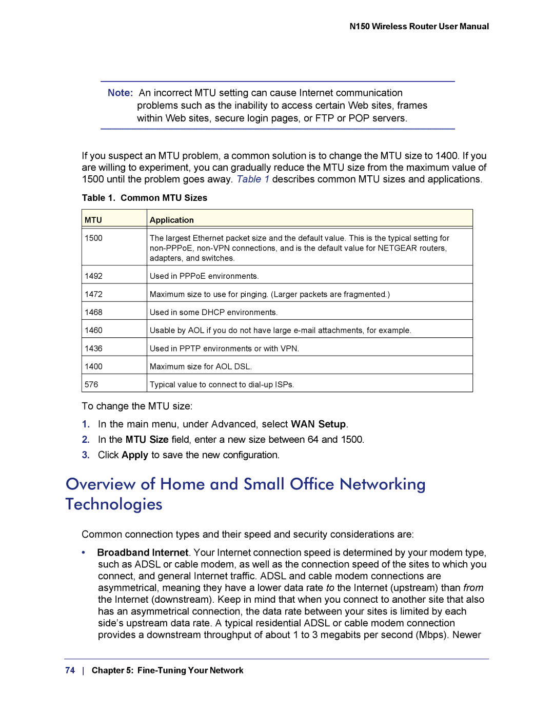 NETGEAR WNR1000v3h2 manual Overview of Home and Small Office Networking Technologies, Common MTU Sizes 