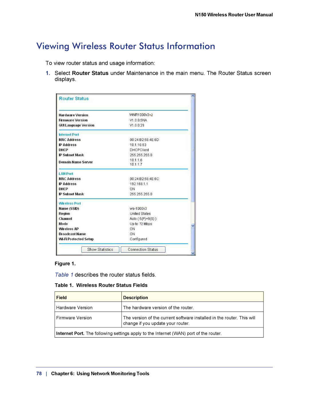 NETGEAR WNR1000v3h2 manual Viewing Wireless Router Status Information, Wireless Router Status Fields 