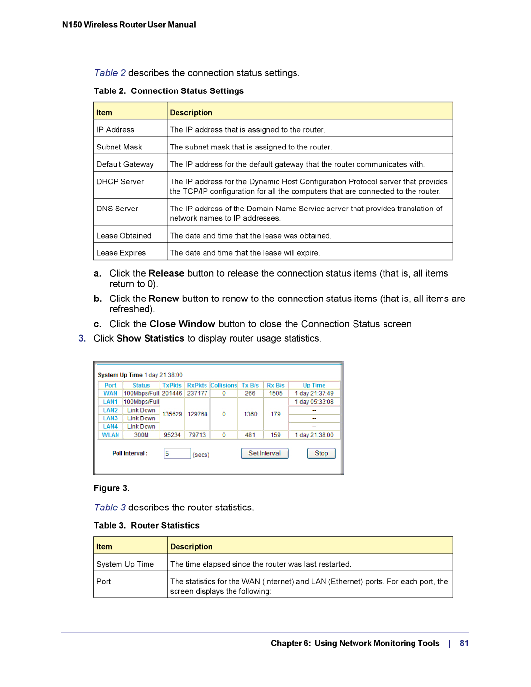 NETGEAR WNR1000v3h2 manual Connection Status Settings, Router Statistics 