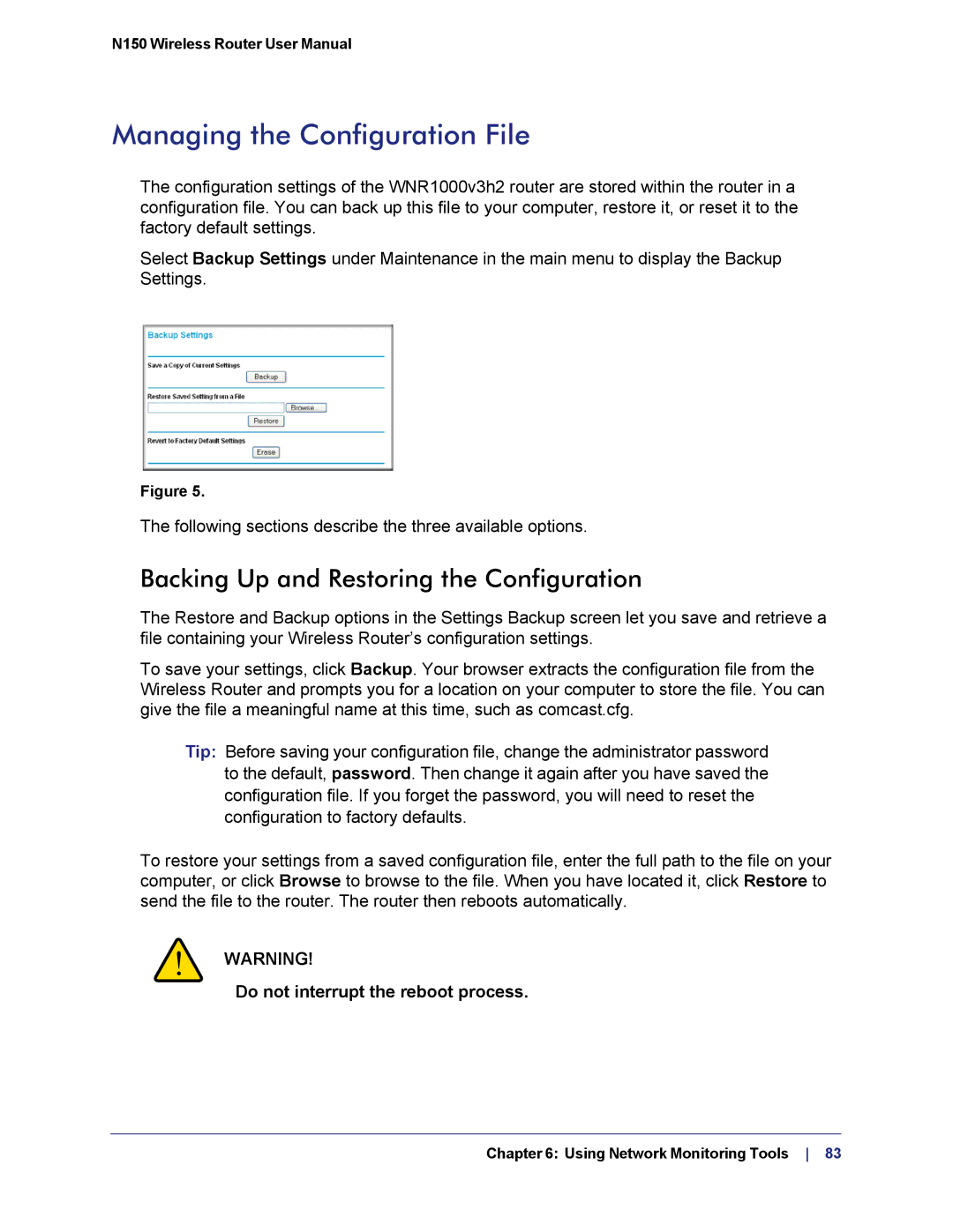 NETGEAR WNR1000v3h2 manual Managing the Configuration File, Backing Up and Restoring the Configuration 