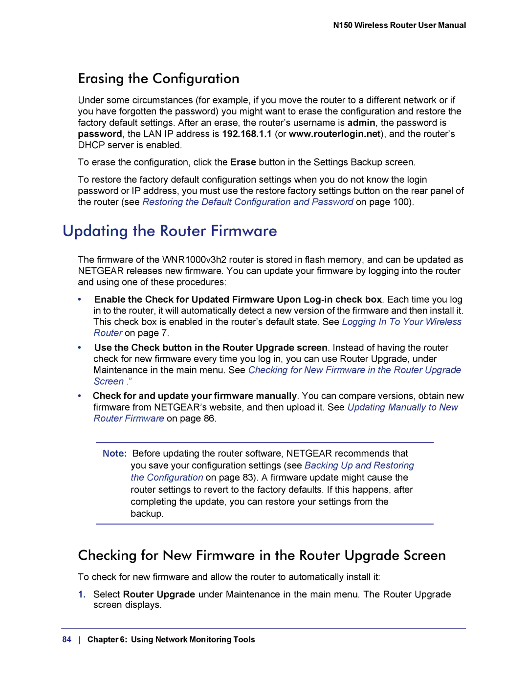 NETGEAR WNR1000v3h2 manual Updating the Router Firmware, Erasing the Configuration 