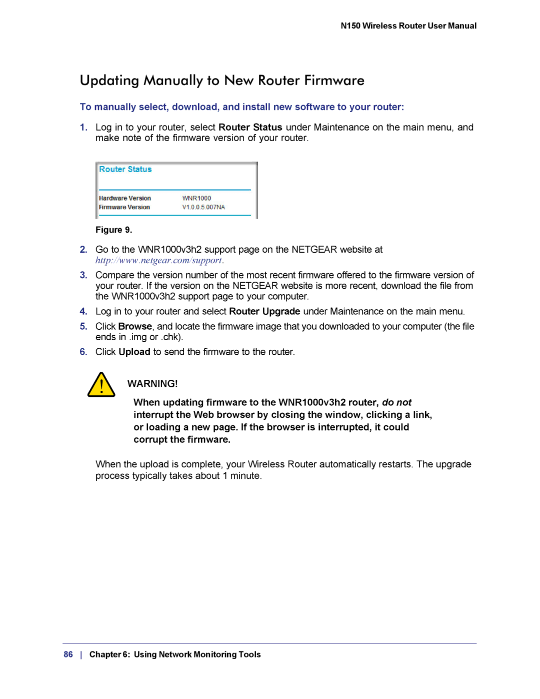 NETGEAR WNR1000v3h2 manual Updating Manually to New Router Firmware 