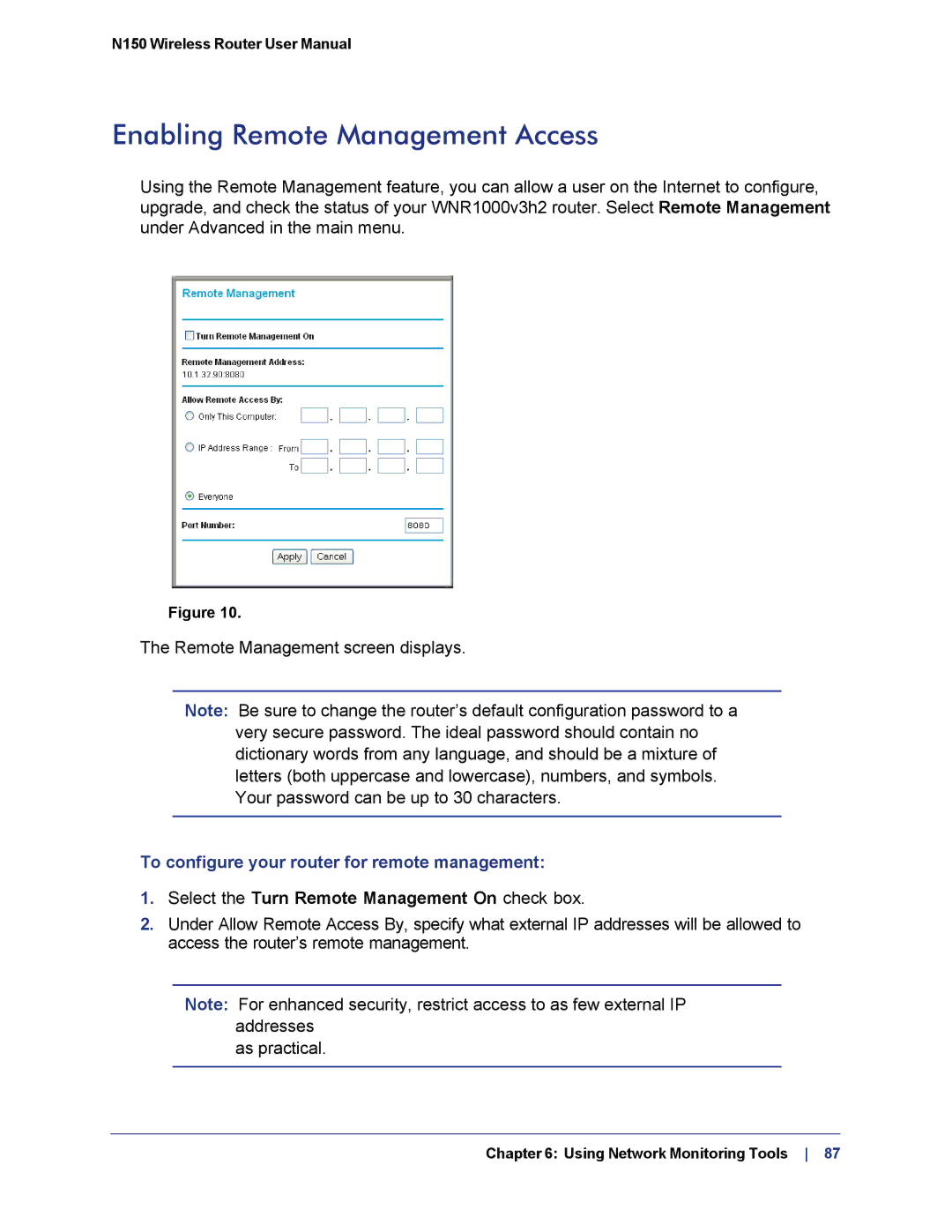 NETGEAR WNR1000v3h2 manual Enabling Remote Management Access, To configure your router for remote management 