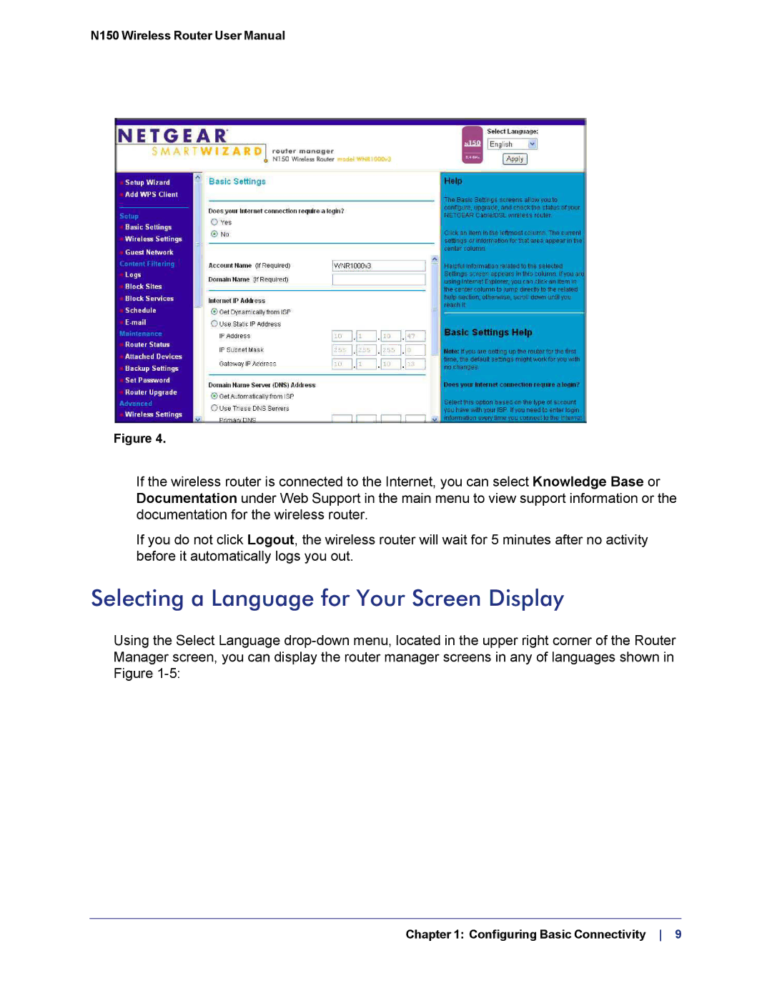 NETGEAR WNR1000v3h2 manual Selecting a Language for Your Screen Display 