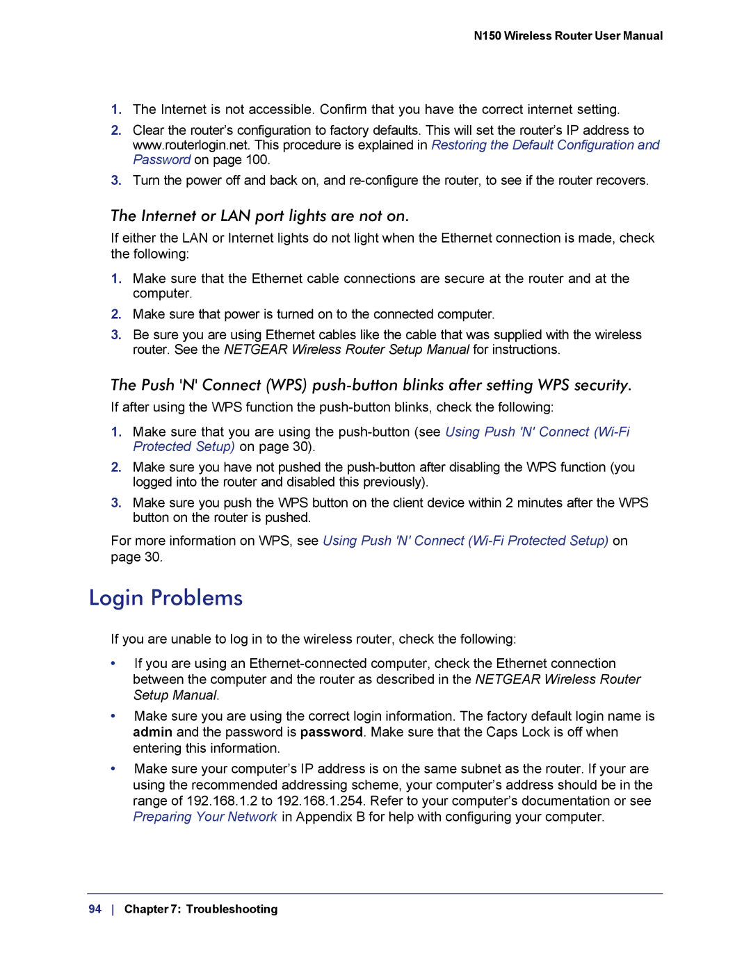 NETGEAR WNR1000v3h2 manual Login Problems, Internet or LAN port lights are not on 