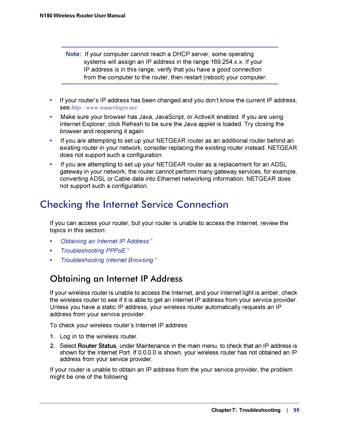 NETGEAR WNR1000v3h2 manual Checking the Internet Service Connection, Obtaining an Internet IP Address 