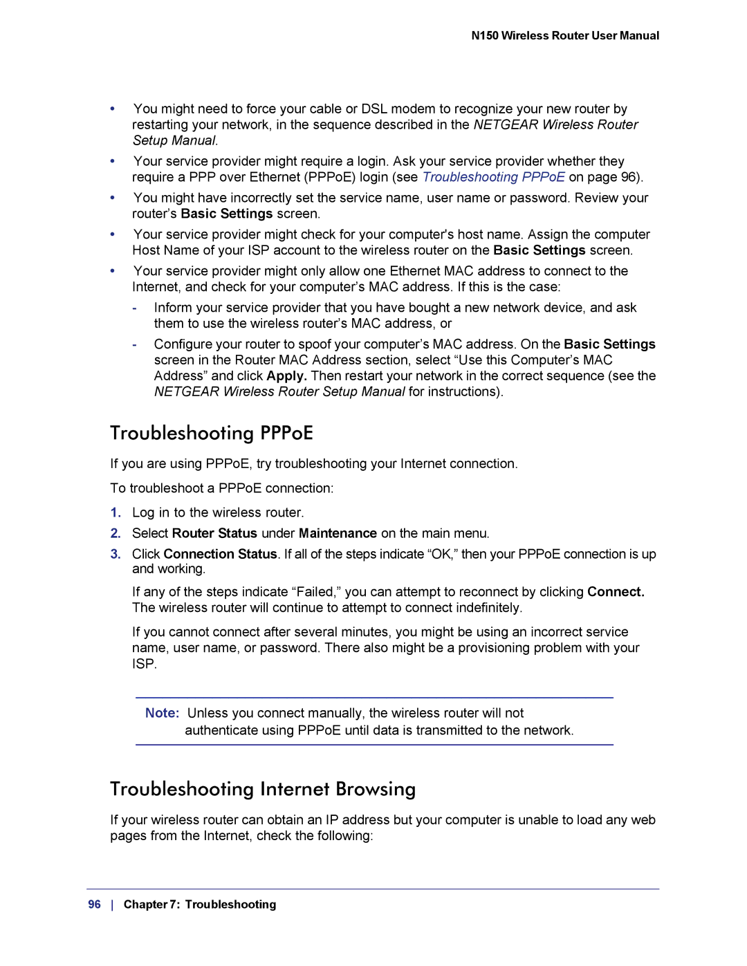 NETGEAR WNR1000v3h2 manual Troubleshooting PPPoE, Troubleshooting Internet Browsing 