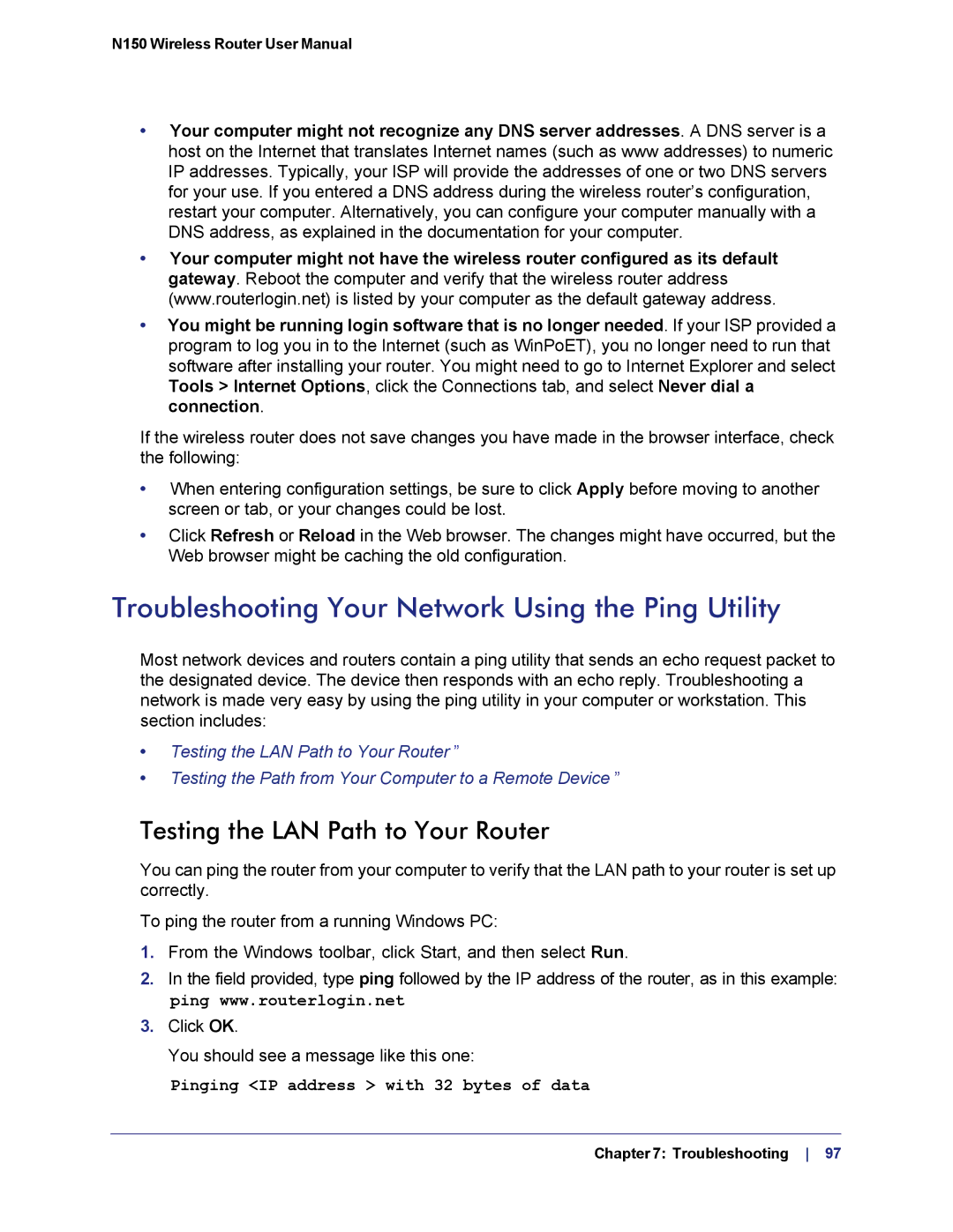 NETGEAR WNR1000v3h2 manual Troubleshooting Your Network Using the Ping Utility, Testing the LAN Path to Your Router 