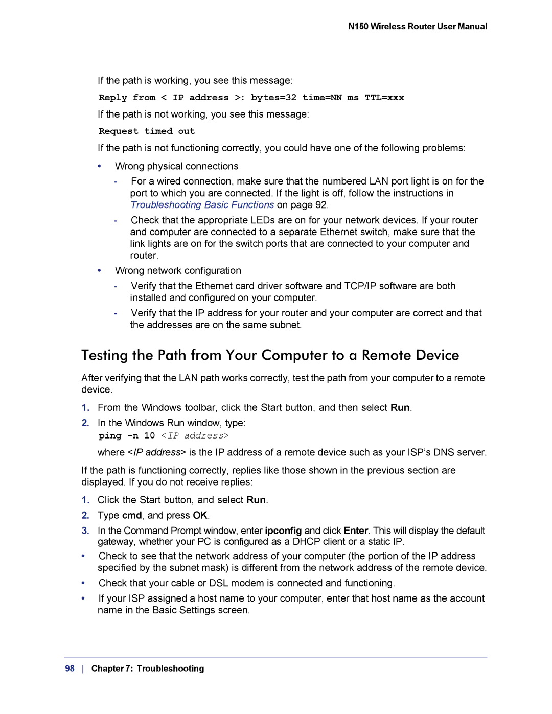 NETGEAR WNR1000v3h2 manual Testing the Path from Your Computer to a Remote Device, Request timed out 