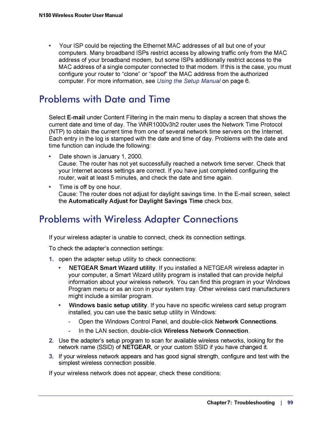 NETGEAR WNR1000v3h2 manual Problems with Date and Time, Problems with Wireless Adapter Connections 