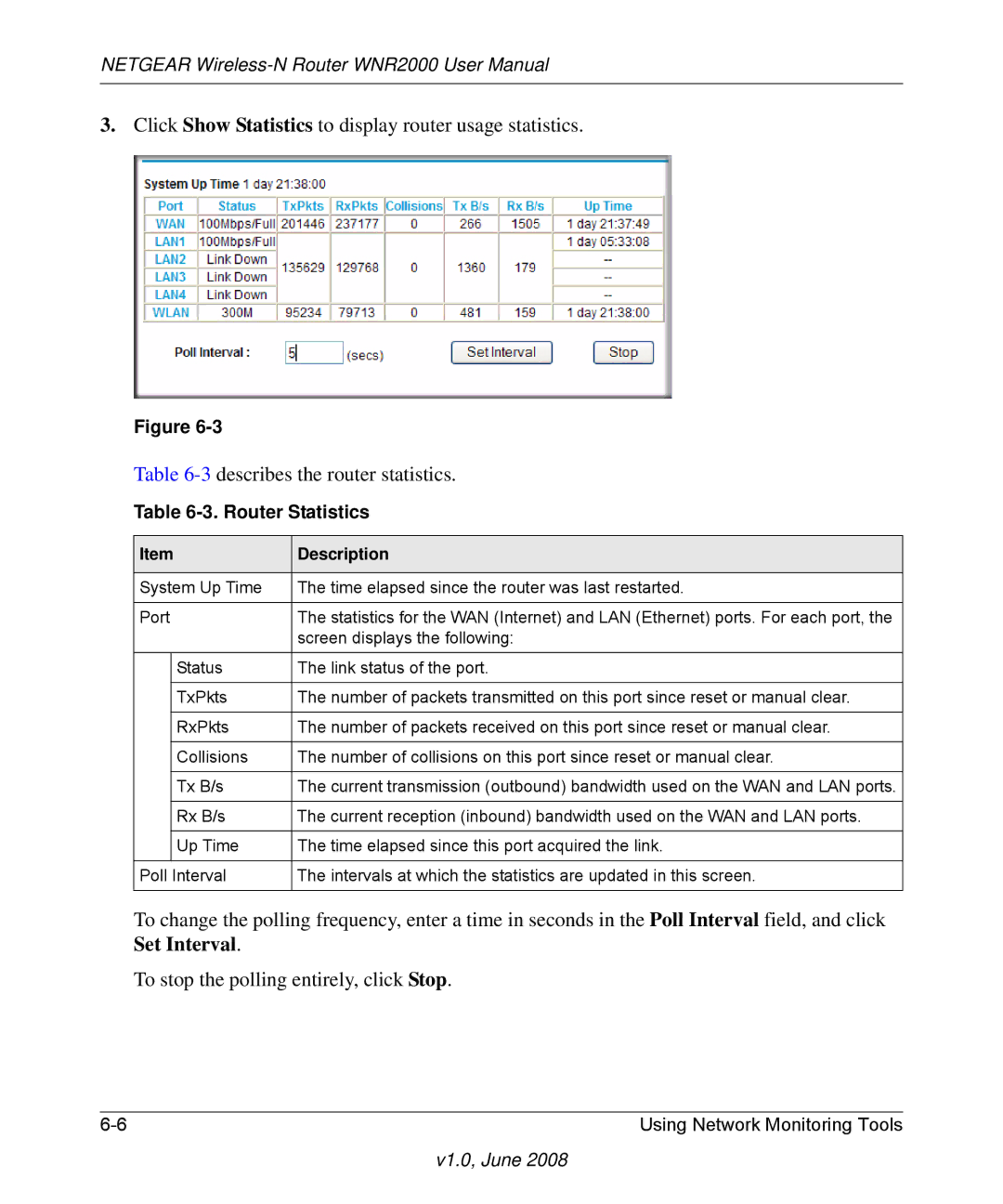 NETGEAR WNR2000-100NAS user manual Router Statistics 