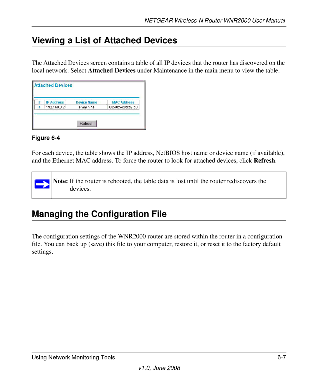 NETGEAR WNR2000-100NAS user manual Viewing a List of Attached Devices, Managing the Configuration File 