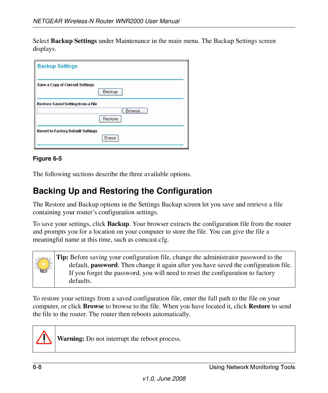 NETGEAR WNR2000-100NAS user manual Backing Up and Restoring the Configuration 