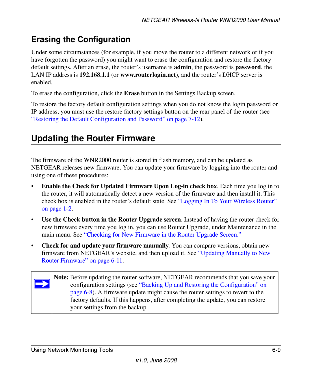 NETGEAR WNR2000-100NAS user manual Updating the Router Firmware, Erasing the Configuration 