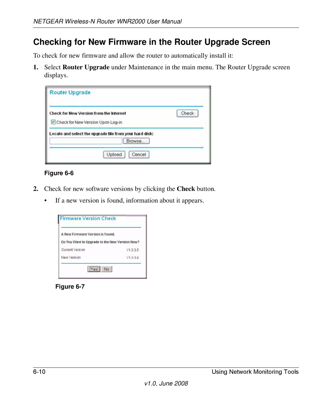 NETGEAR WNR2000-100NAS user manual Checking for New Firmware in the Router Upgrade Screen 