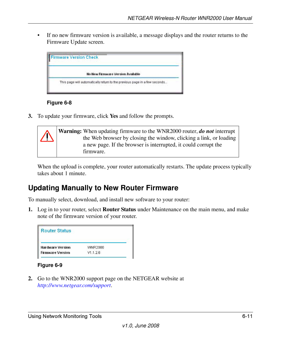 NETGEAR WNR2000-100NAS user manual Updating Manually to New Router Firmware 