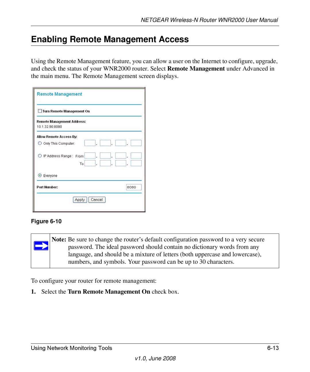 NETGEAR WNR2000-100NAS user manual Enabling Remote Management Access, Select the Turn Remote Management On check box 