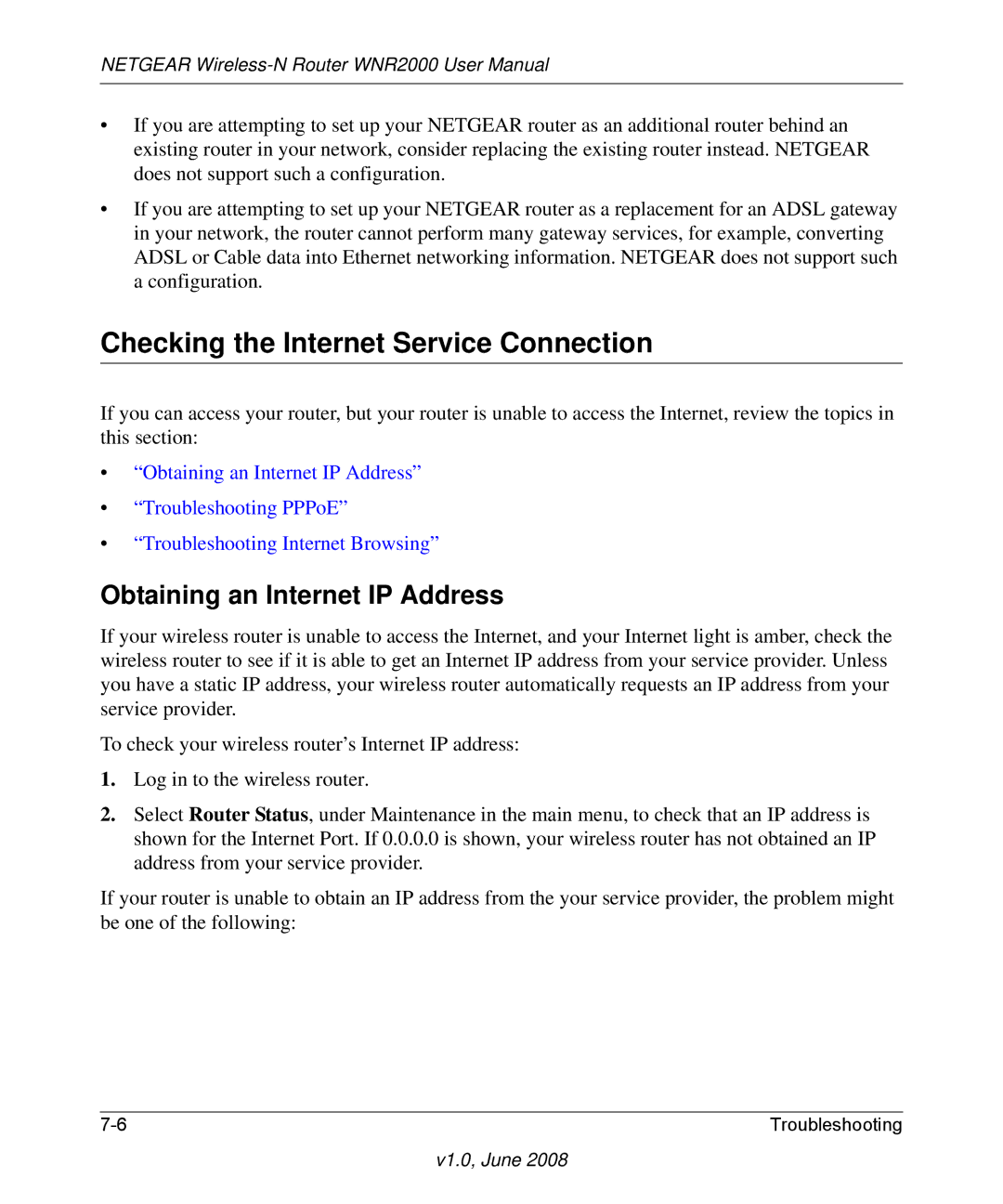 NETGEAR WNR2000-100NAS user manual Checking the Internet Service Connection, Obtaining an Internet IP Address 