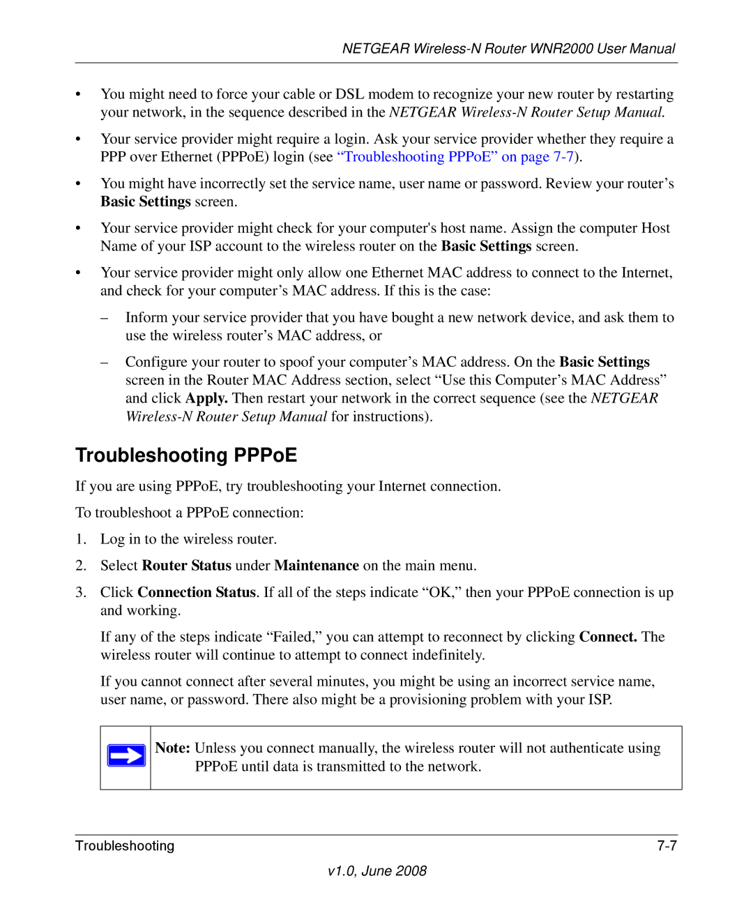 NETGEAR WNR2000-100NAS user manual Troubleshooting PPPoE 