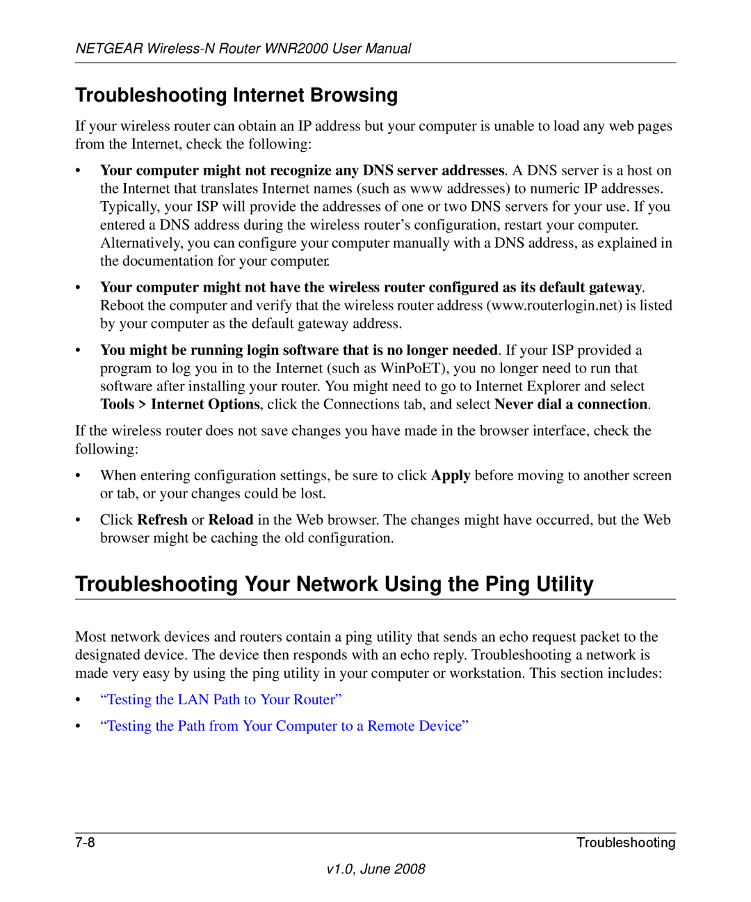 NETGEAR WNR2000-100NAS user manual Troubleshooting Your Network Using the Ping Utility, Troubleshooting Internet Browsing 