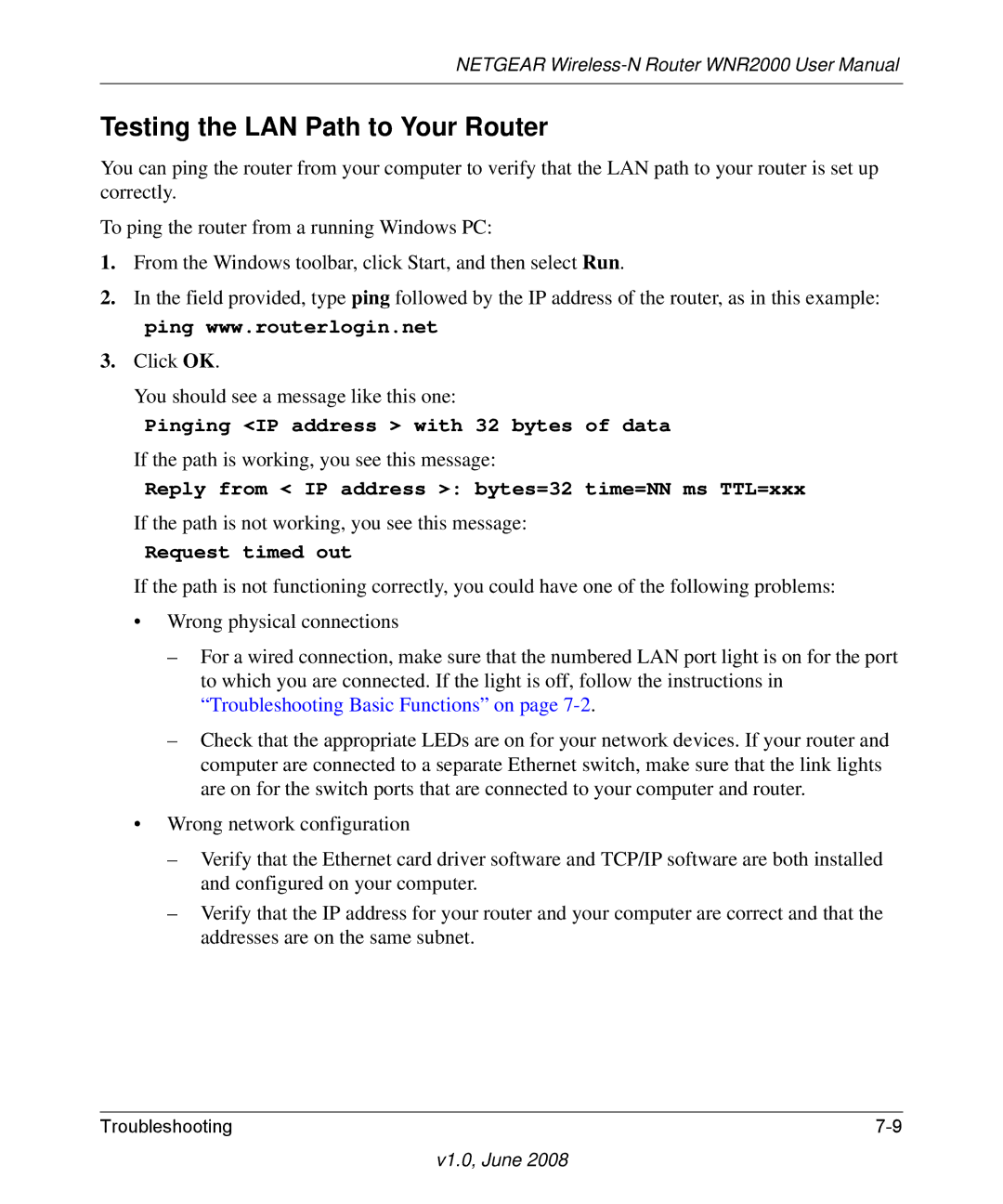 NETGEAR WNR2000-100NAS user manual Testing the LAN Path to Your Router, Request timed out 