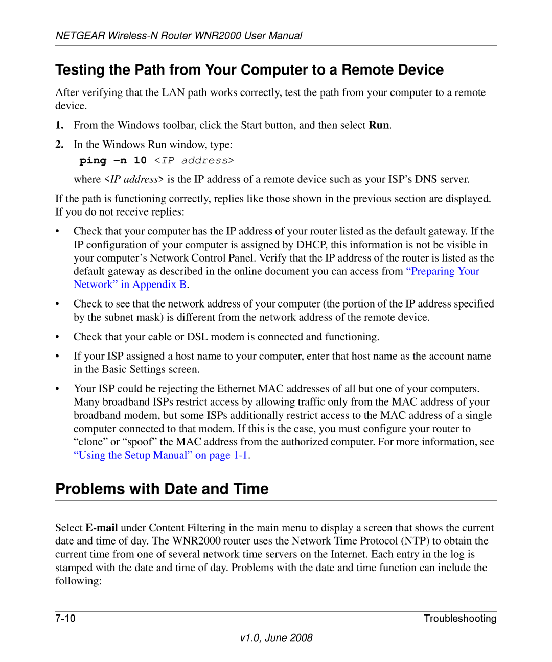 NETGEAR WNR2000-100NAS user manual Problems with Date and Time, Testing the Path from Your Computer to a Remote Device 