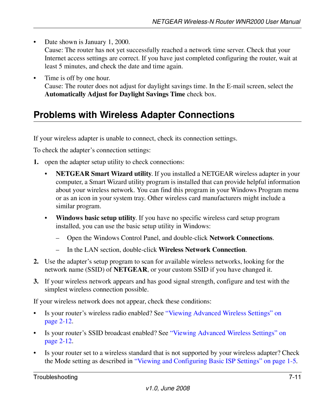 NETGEAR WNR2000-100NAS user manual Problems with Wireless Adapter Connections 