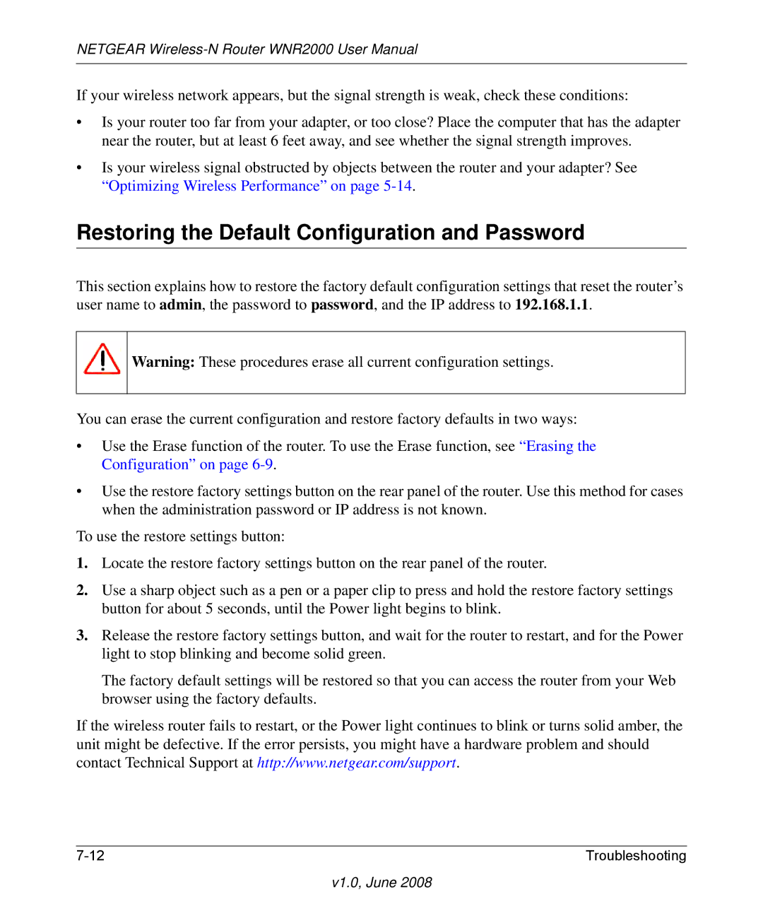 NETGEAR WNR2000-100NAS user manual Restoring the Default Configuration and Password 