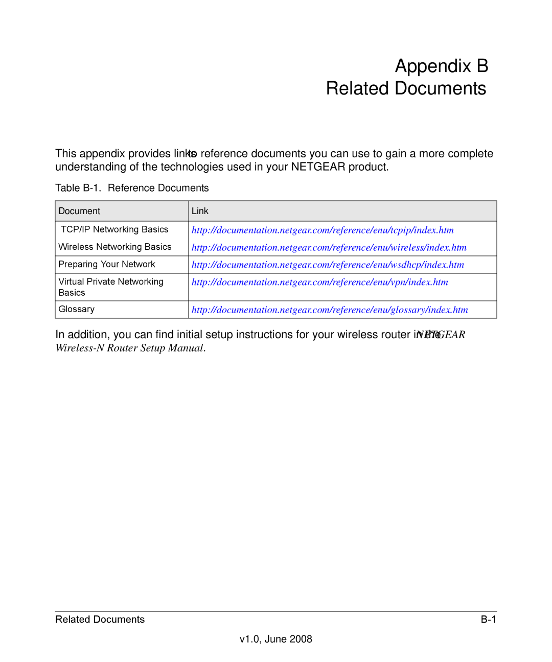 NETGEAR WNR2000-100NAS user manual Appendix B Related Documents, Table B-1. Reference Documents 