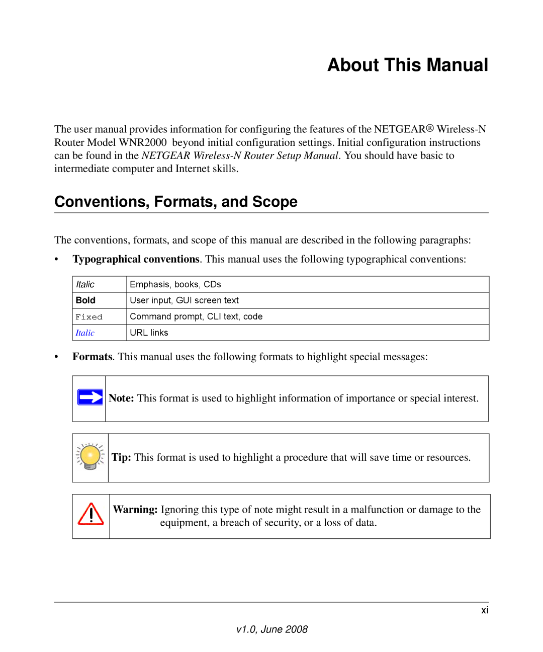 NETGEAR WNR2000-100NAS user manual About This Manual, Conventions, Formats, and Scope 