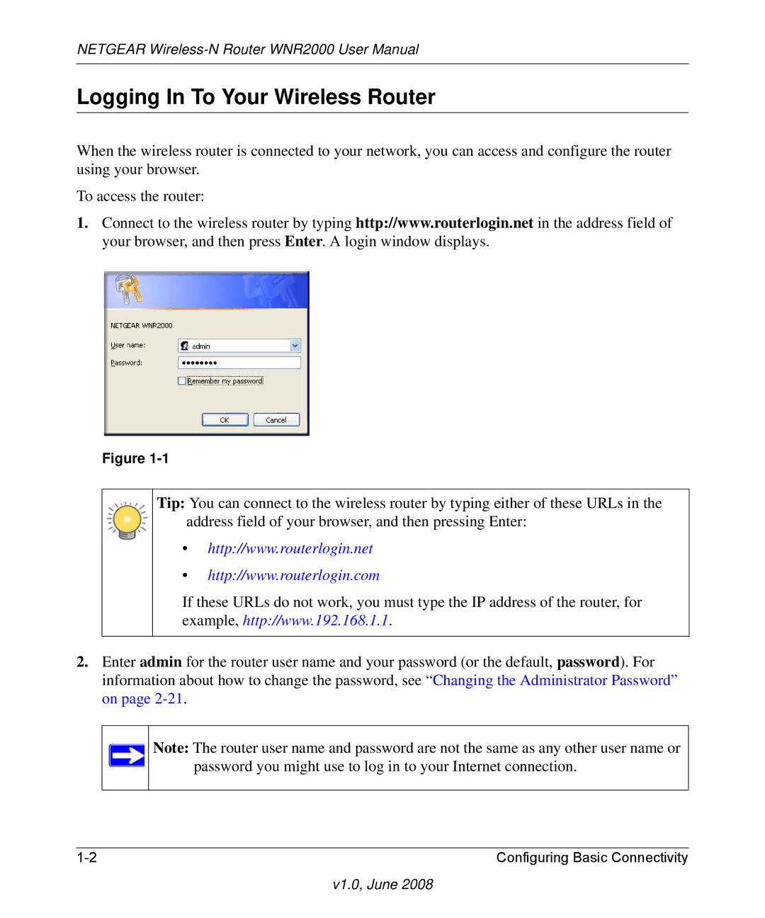 NETGEAR WNR2000-100NAS user manual Logging In To Your Wireless Router 