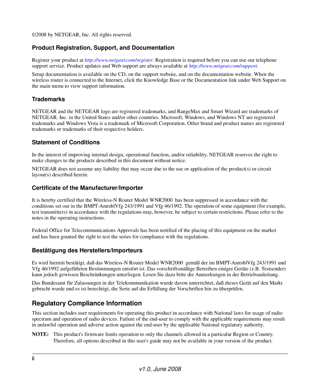 NETGEAR WNR2000-100NAS user manual Regulatory Compliance Information 