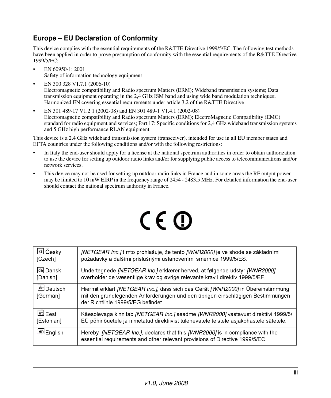 NETGEAR WNR2000-100NAS user manual Europe EU Declaration of Conformity 