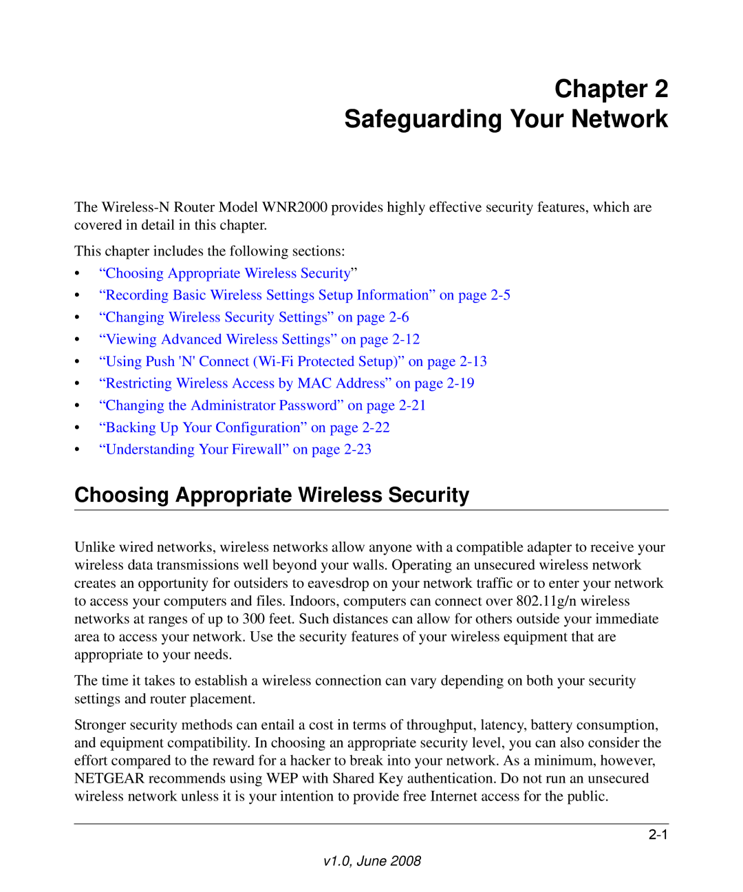 NETGEAR WNR2000-100NAS user manual Chapter Safeguarding Your Network, Choosing Appropriate Wireless Security 