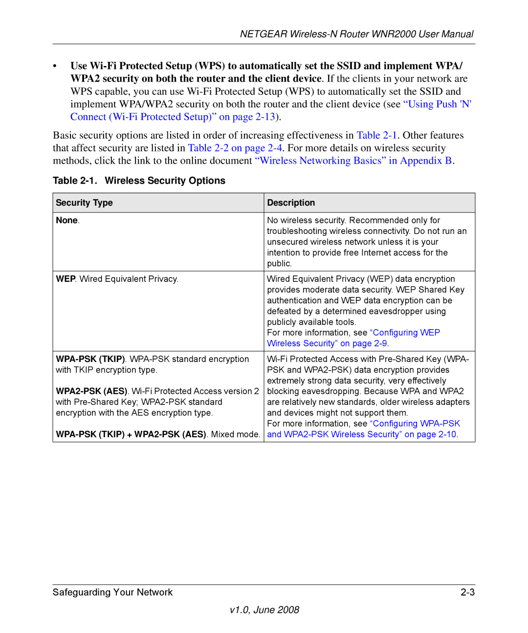 NETGEAR WNR2000-100NAS user manual Wireless Security Options, Security Type Description None 