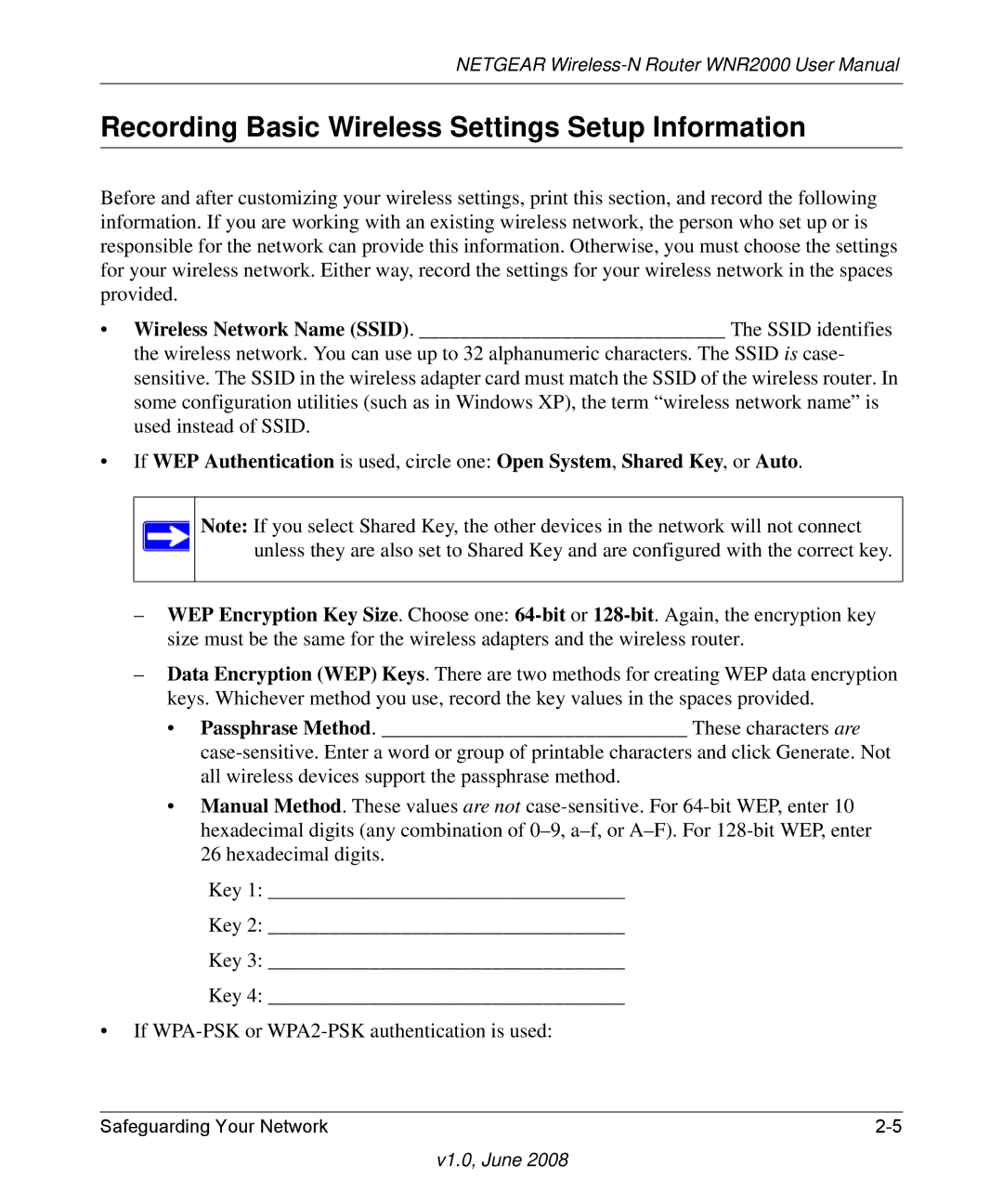 NETGEAR WNR2000-100NAS user manual Recording Basic Wireless Settings Setup Information 