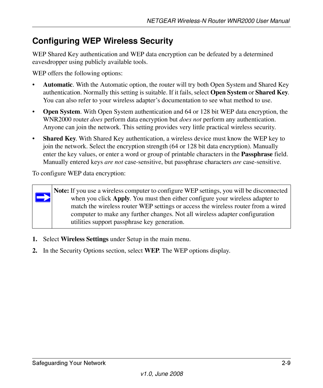 NETGEAR WNR2000-100NAS user manual Configuring WEP Wireless Security 