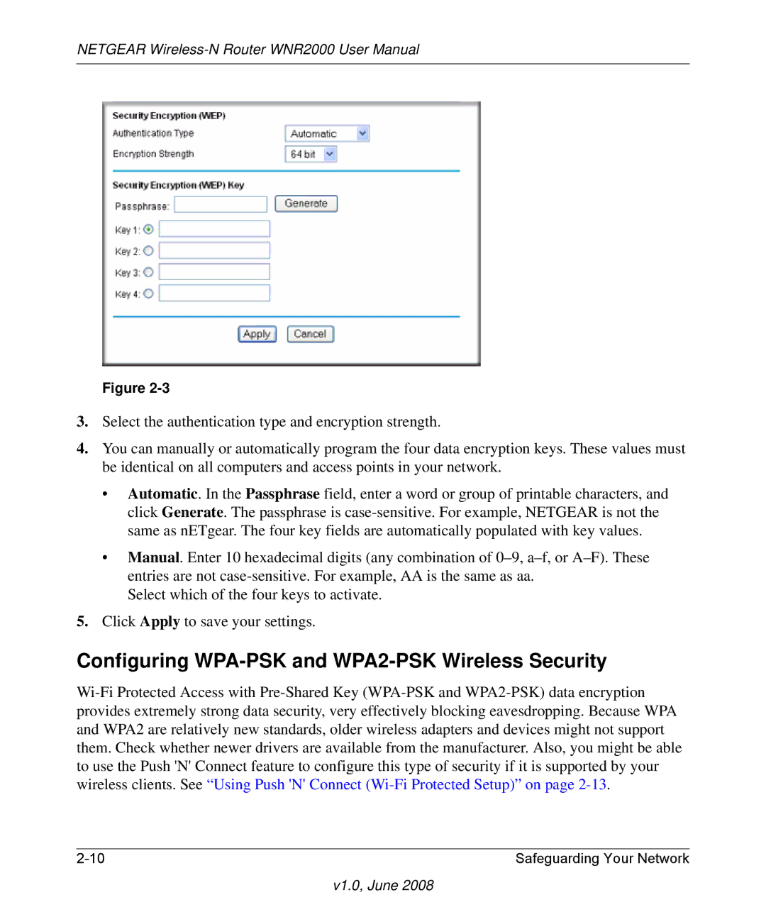 NETGEAR WNR2000-100NAS user manual Configuring WPA-PSK and WPA2-PSK Wireless Security 