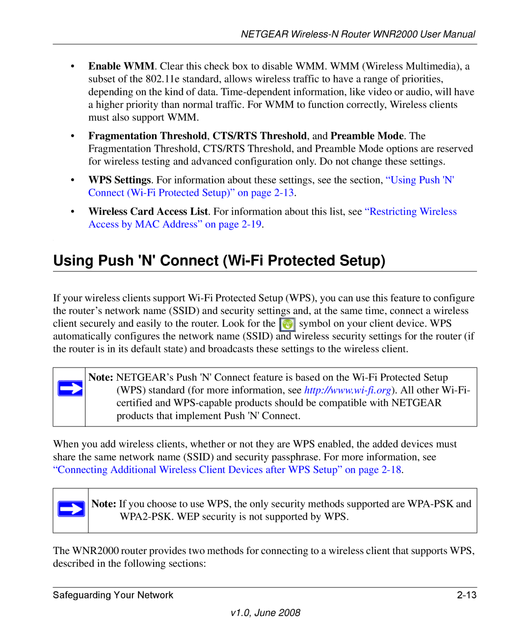 NETGEAR WNR2000-100NAS user manual Using Push N Connect Wi-Fi Protected Setup 