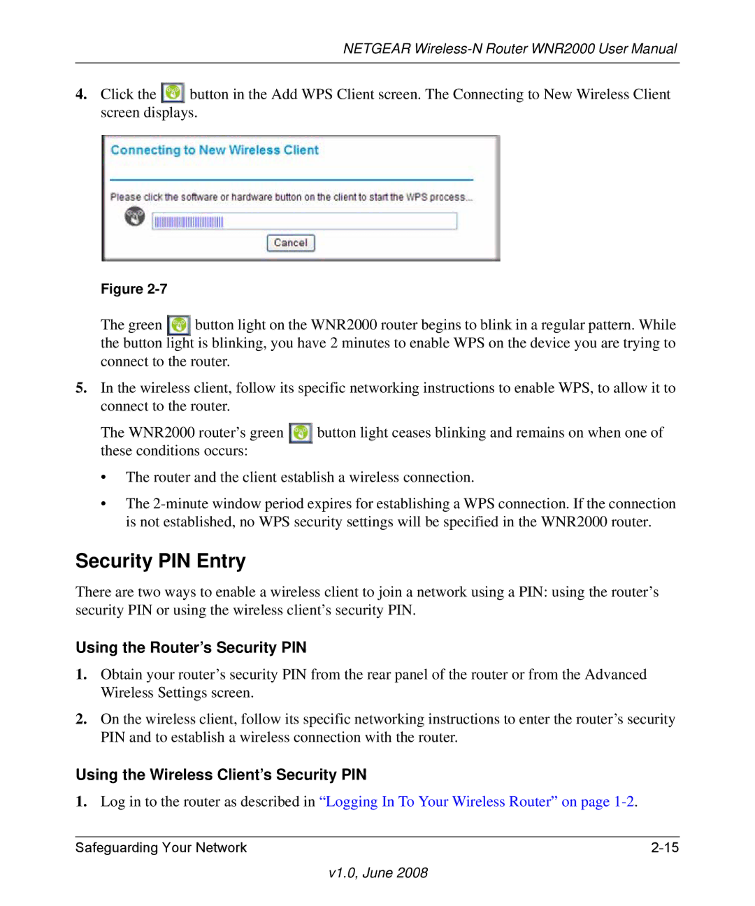 NETGEAR WNR2000-100NAS Security PIN Entry, Using the Router’s Security PIN, Using the Wireless Client’s Security PIN 