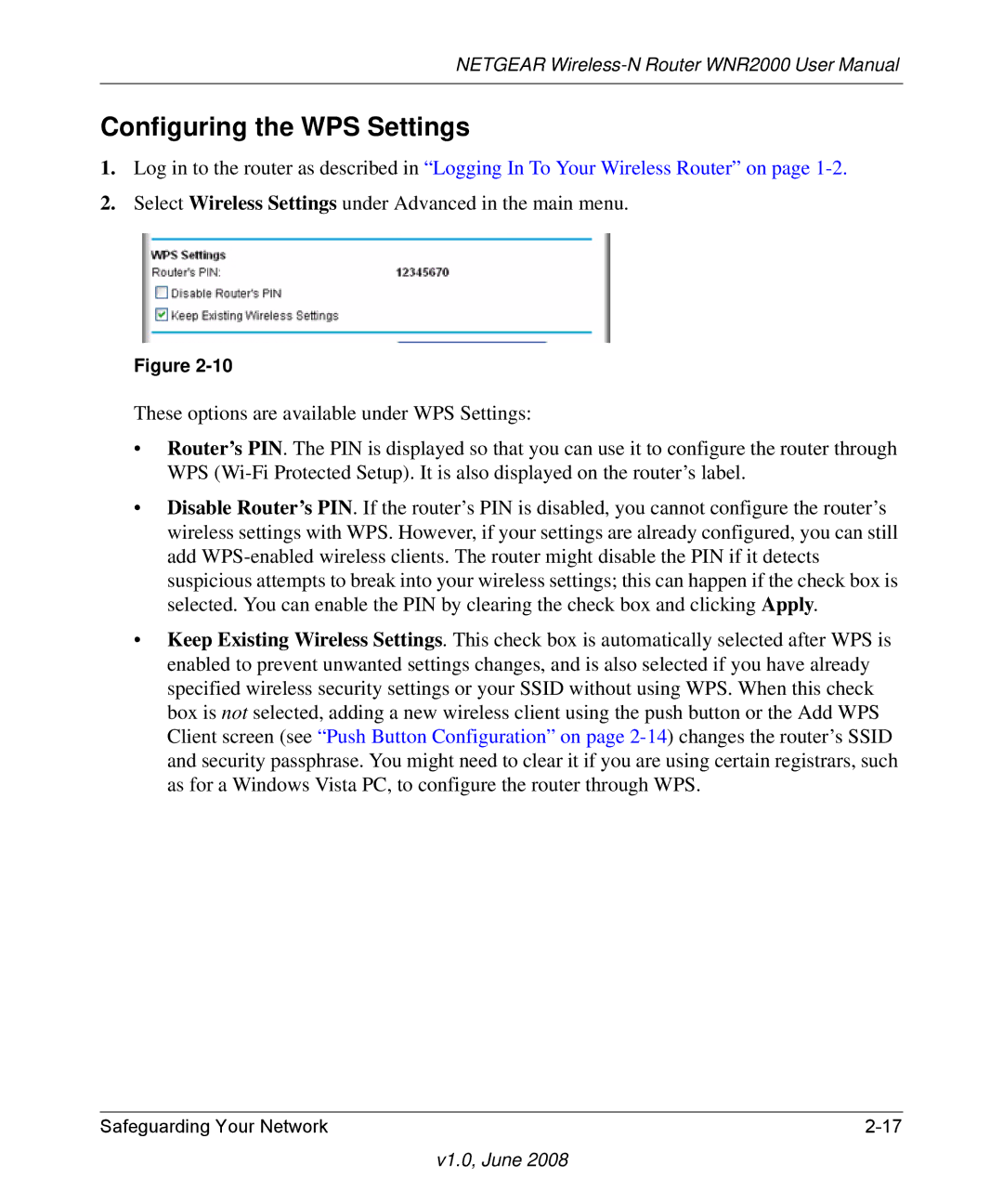 NETGEAR WNR2000-100NAS user manual Configuring the WPS Settings 