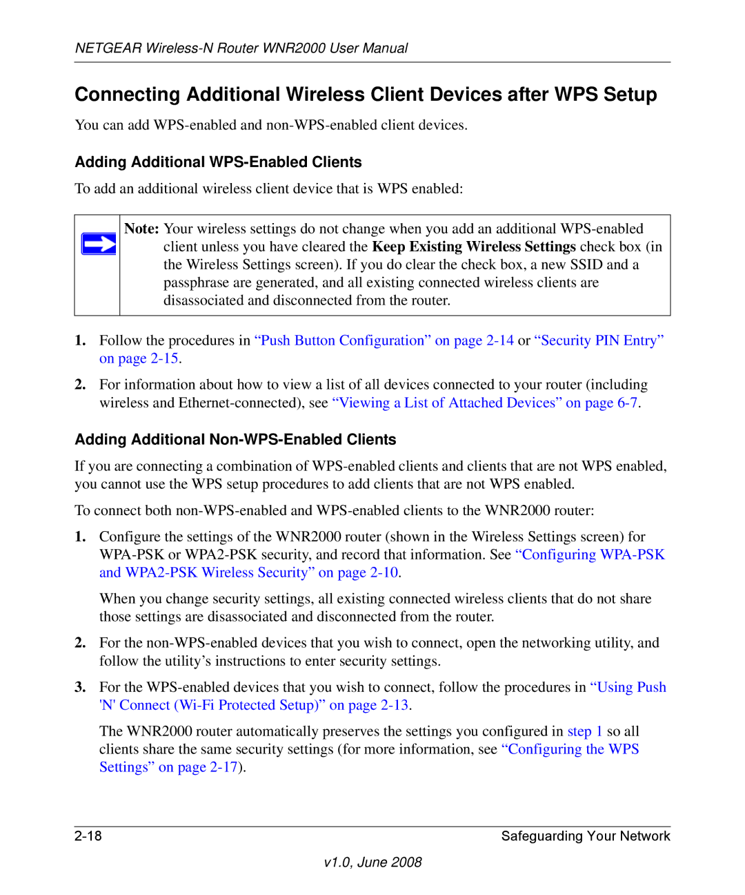 NETGEAR WNR2000-100NAS user manual Adding Additional WPS-Enabled Clients, Adding Additional Non-WPS-Enabled Clients 