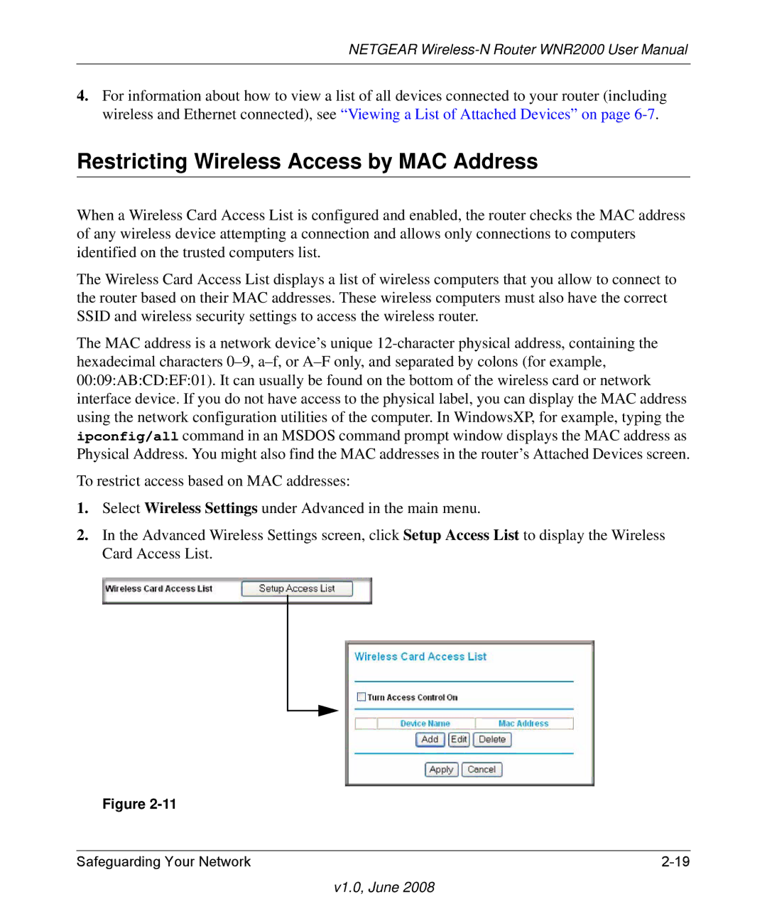 NETGEAR WNR2000-100NAS user manual Restricting Wireless Access by MAC Address 