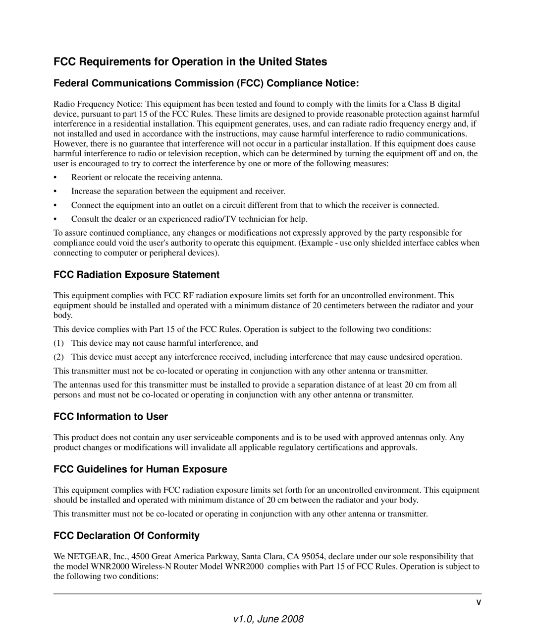 NETGEAR WNR2000-100NAS user manual FCC Requirements for Operation in the United States 