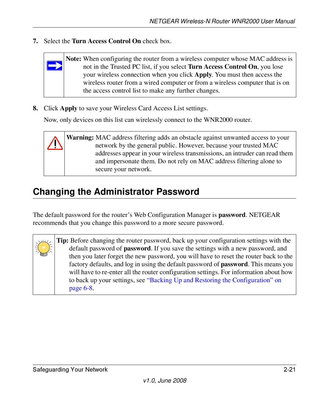 NETGEAR WNR2000-100NAS user manual Changing the Administrator Password, Select the Turn Access Control On check box 